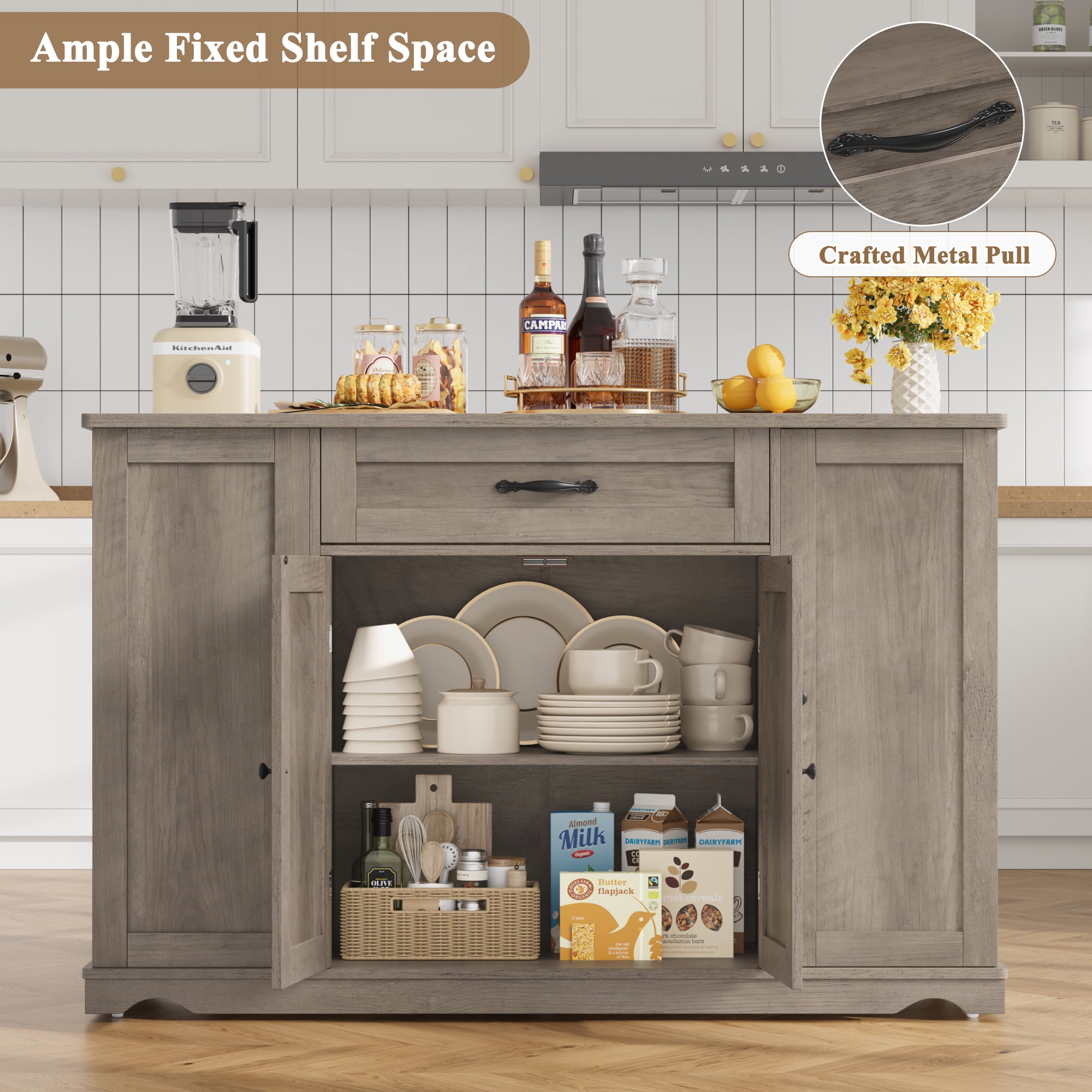 Homfa Kitchen Island with Wheels & Adjustable Shelf, 2 Drawer Farmhouse Buffet Cabinet Sideboard Coffee Bar for Dining Room Living Room, Gray
