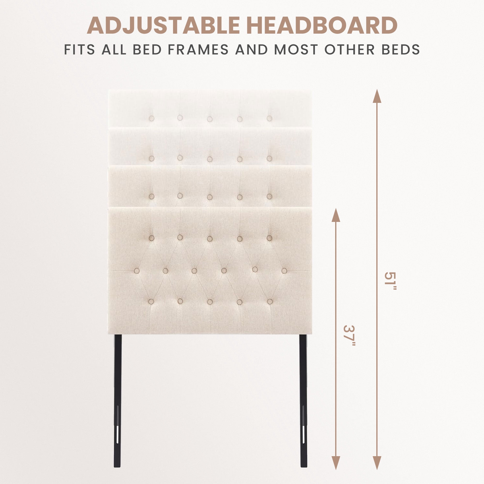 JONPONY Tufted Upholstered Headboard Twin Size, Solid Wood Head Board with  Adjustable Height  Headboard from 37" to 51",Bed Frame Adapters,Beige,Headboard Only