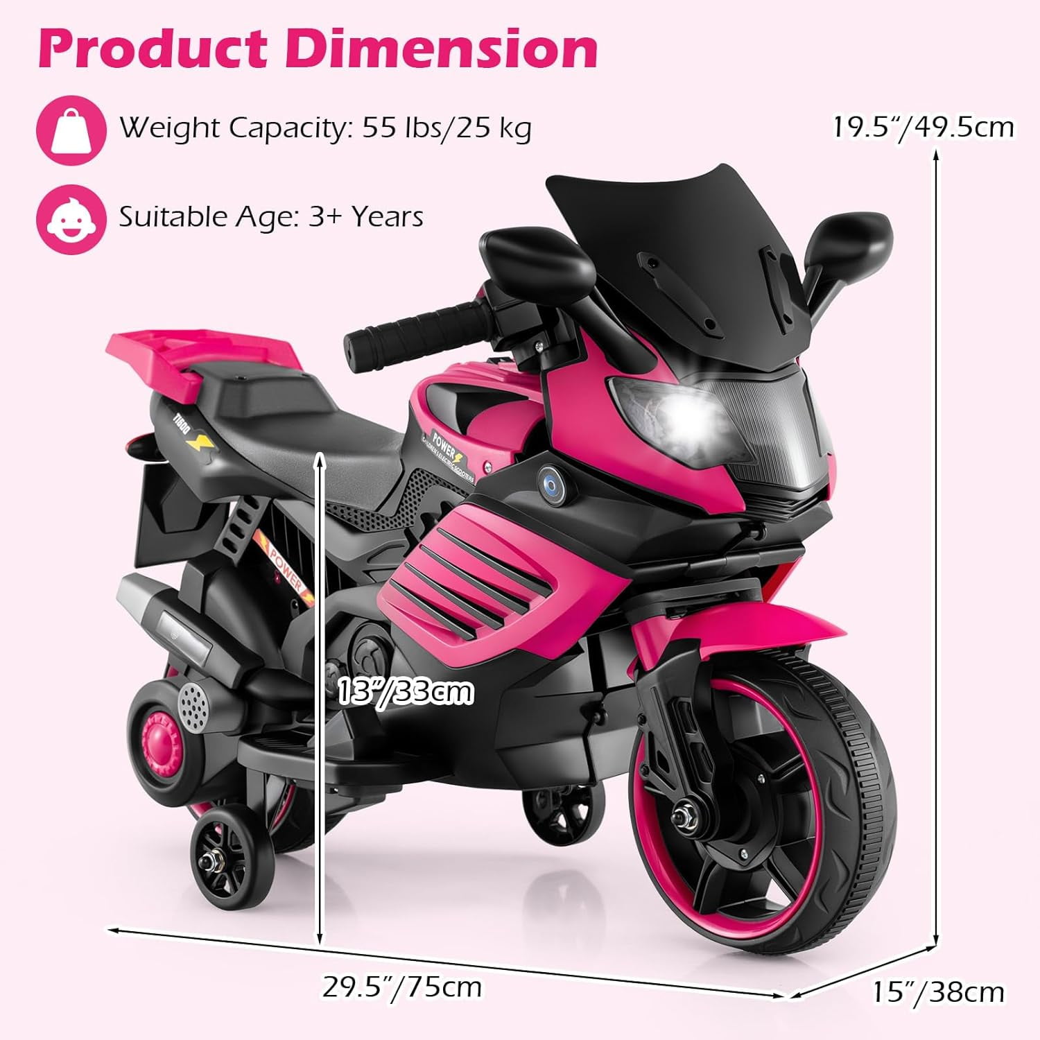 OLAKIDS 6V Kids Motorcycle with Training Wheels, Horn, Music, Headlight for Boys Girls Aged 3+ Years