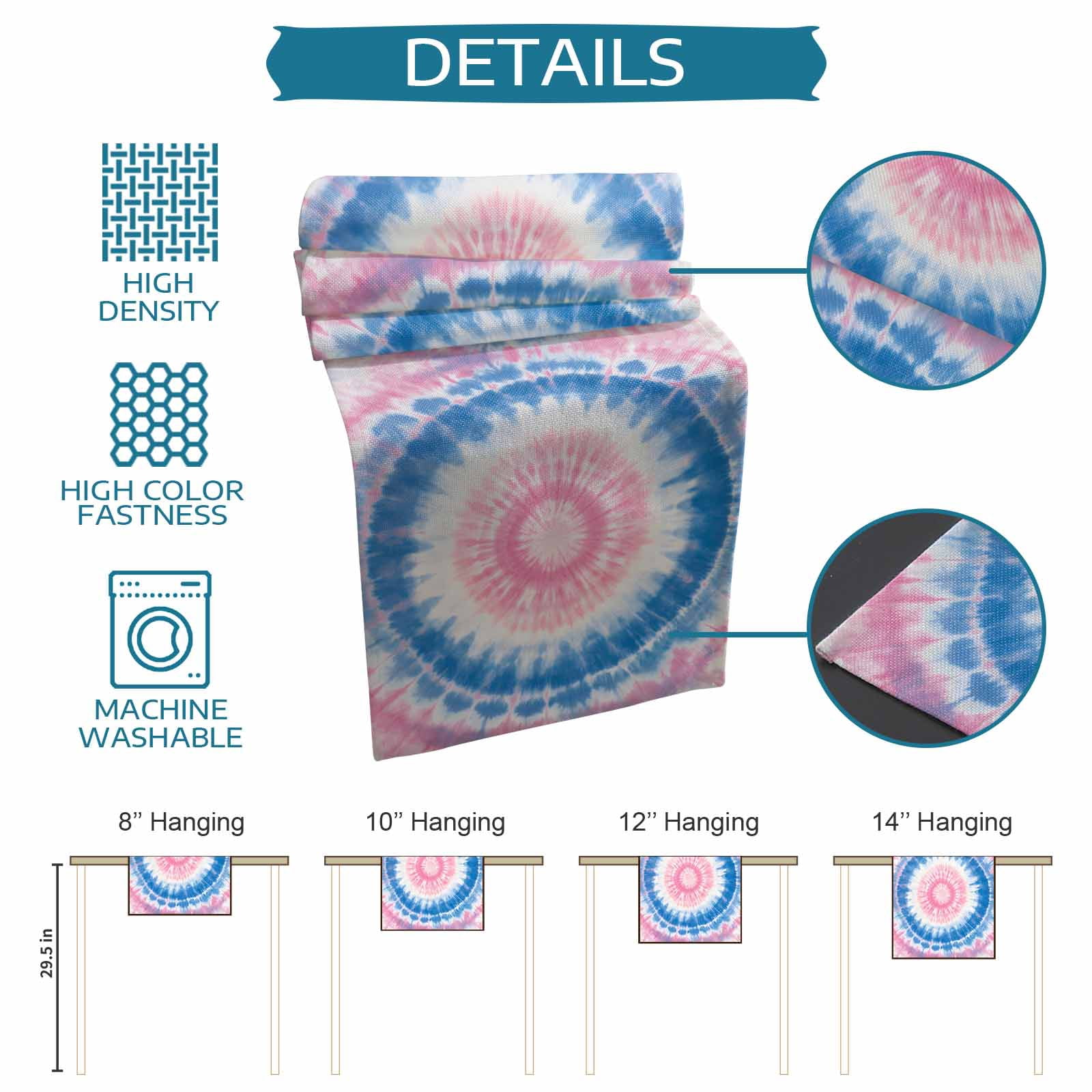 Boanket Pink Blue Ombre Table Runner - 72 Inch Long, Kitchen Dining Table Runner Dresser Scarves, Modern Boho Ethnic Tie Dye Geometric Farmhouse Decor for Coffee Tables Wedding Party Banquet