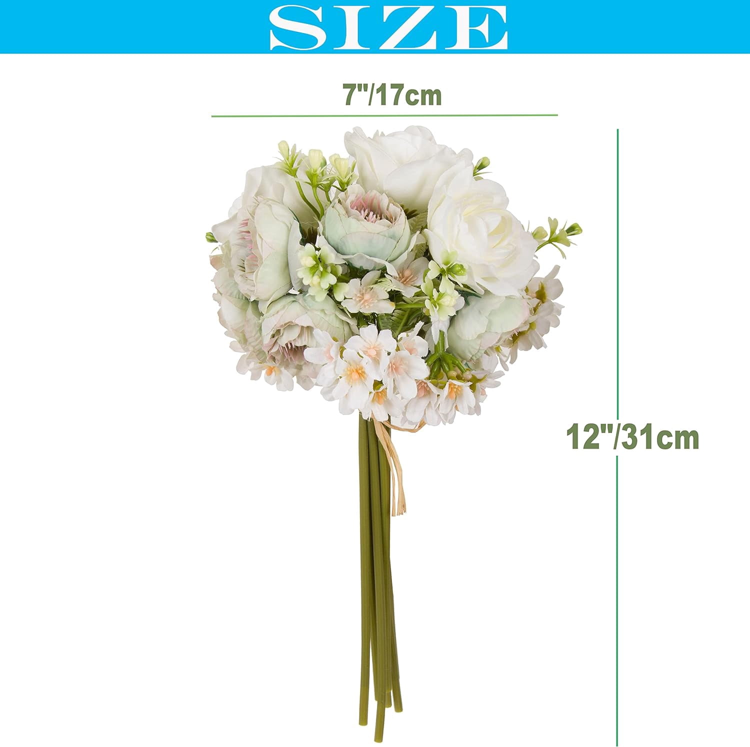 2pcs Artificial Flower Bouquets,12 Inch Wedding Bouquet for Bridesmaid, Tossing Bouquet for Bridal Shower Wedding Ceremony,White and Green