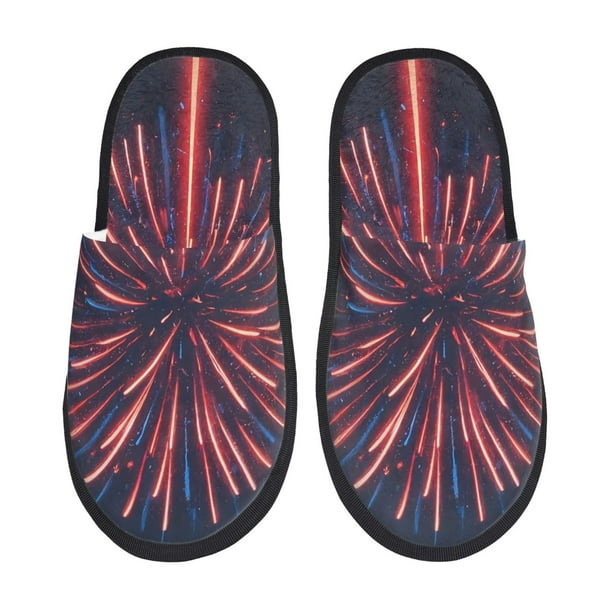 Fotbe Fireworks3 Pantuflas Peludas para Mujer con Estampado, Zapatillas de Peluche, Zapatos de Invierno para Casa, Uso Interior y Exterior-Medium