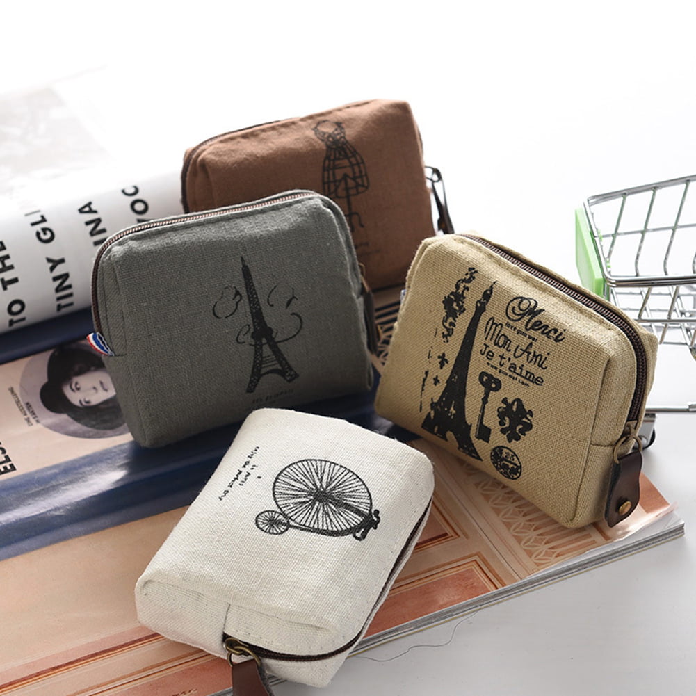 Square Canvas Bag Printed Coin Purse Zipper Wallet Card Coin Storage Bag
