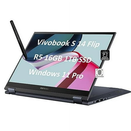 ASUS Vivobook S 14 Flip 2-in-1 Business Laptop (14" FHD+ 16:10 Touchscreen, 16GB RAM, 1TB SSD, AMD 6-Core Ryzen 5 5600H (> i7-1165G7), Active Pen), Backlit, FP, FHD Webcam, Win 11 Pro, Quiet Blue
