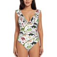 thumbnail image 2 of Yiaed Dinosaur Print Women's Ruffled One Piece Swimsuit V Neck Swimwear Slimming Monokini for Woman-Medium, 2 of 8