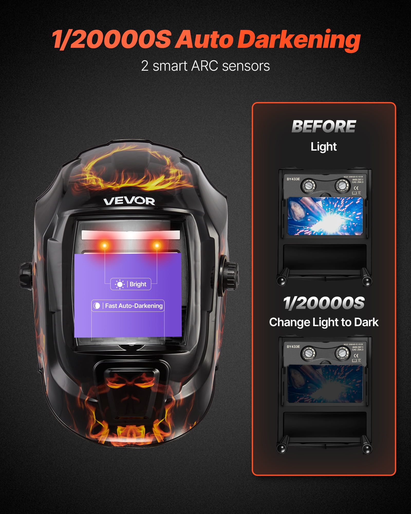 VEVOR Welding Helmet Auto Darkening, 3.66" x 1.69" True Color Welding Hood, Solar-Powered Welder Mask 2 Arc Sensors, Shade 4/9-13 for TIG MIG ARC Weld Grinding - CRIUS Series (Yellow Flame Pattern)
