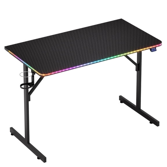RSPGAME 43.5" Music Sync Gaming Desk, LED Gamer Table, T-Shape PC Computer Desk with RGB Lighting for Home Office, Carbon Fiber Black