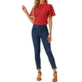 thumbnail image 2 of INSPIRE CHIC Women's Polka Dots Stand Collar Pleat Keyhole Back Short Flare Sleeve Top L Red, 2 of 6