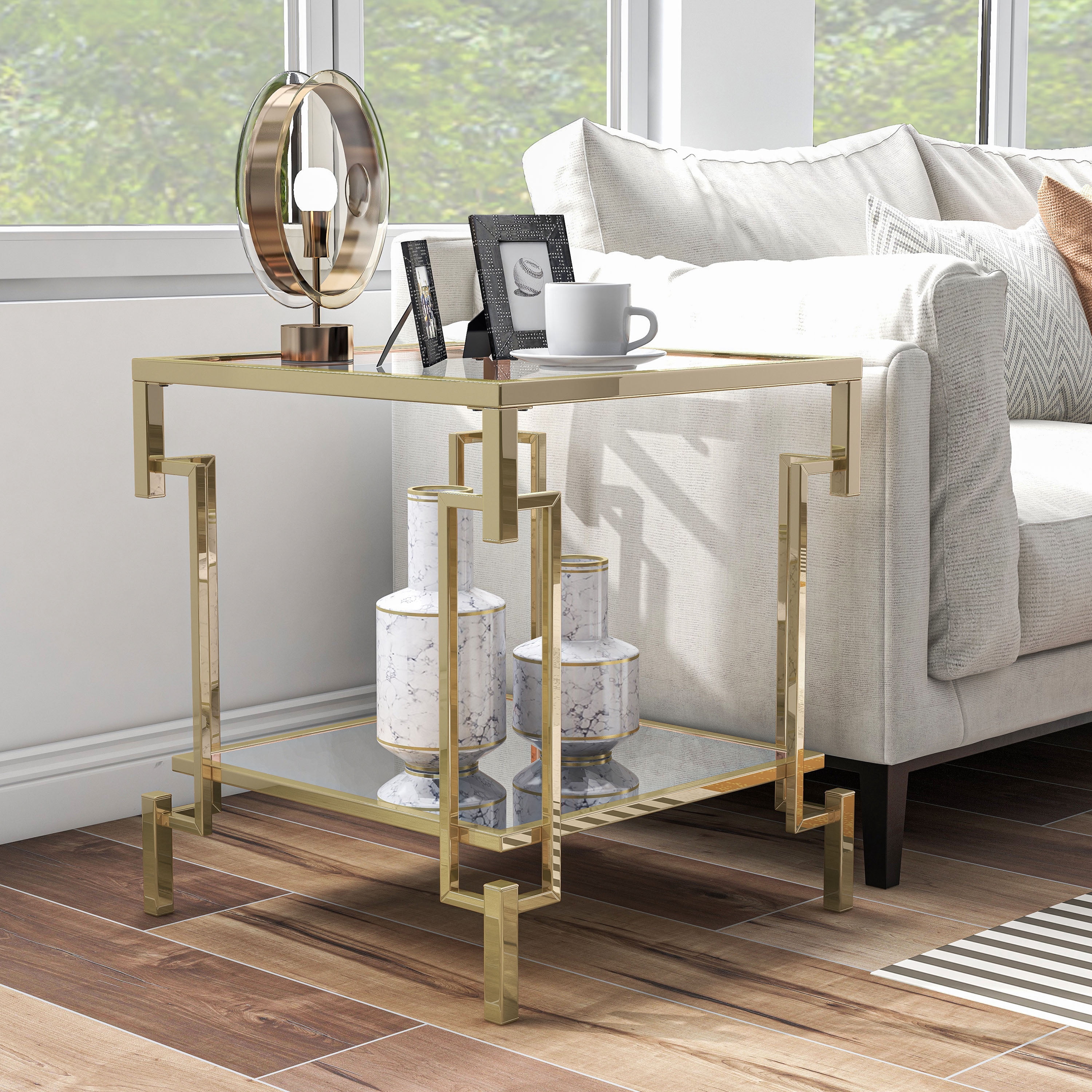 Furniture of America Triste 1-Shelf Glass Top and Metal Champagne End Table