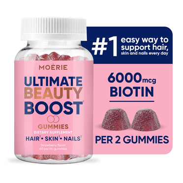 Moerie Hair, Skin & Nails Gummies with Biotin and Zinc, Supports Stronger Hair and Healthy Skin, Allergen-Free, 60 Count