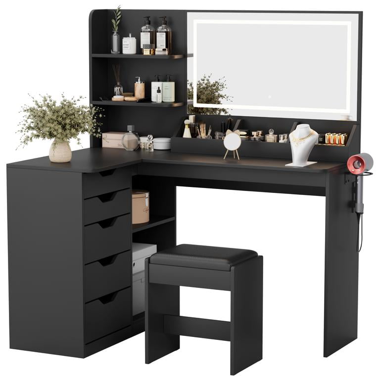 Lacoo L-Shaped Corner Vanity Desk with LED Mirror & Stool, 5-Drawer Makeup Vanity Table with Charging Station & Hair Dryer Rack, Space-Saving Corner Vanity Set for Bedroom, Black