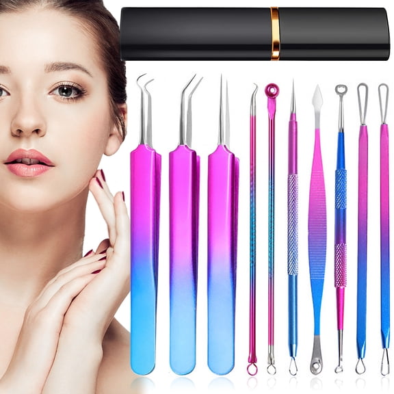 10pcs Blackhead Remover Tool Kit Stainless Steel Pimple Popper Tool Comedones Extractor for Forehead Face Nose Multifunction Acne Needle Tool with Metal Case for Travel Home Use