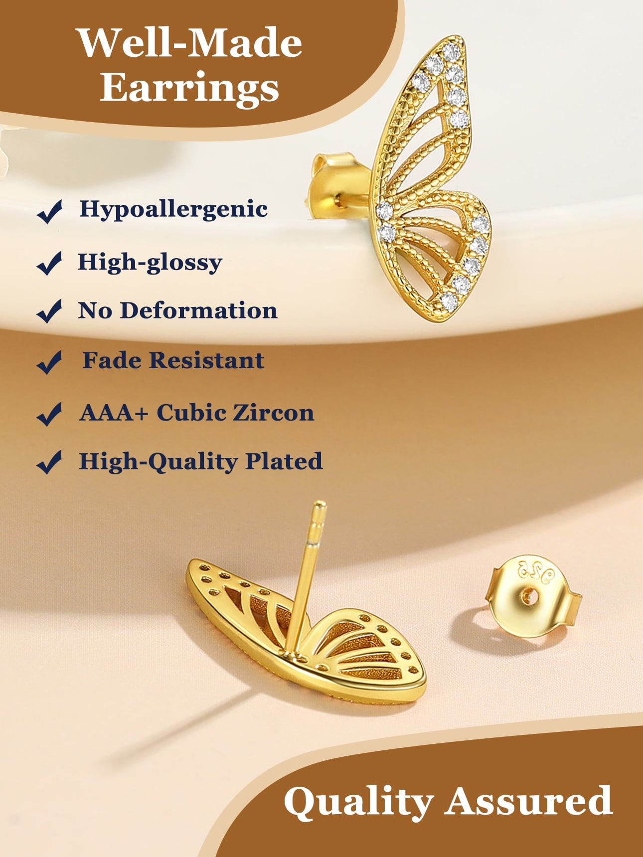 Suplight 925 Sterling Silver Zircon Edge Half Butterfly Stud Earrings, Dainty Butterfly Earrings for Women