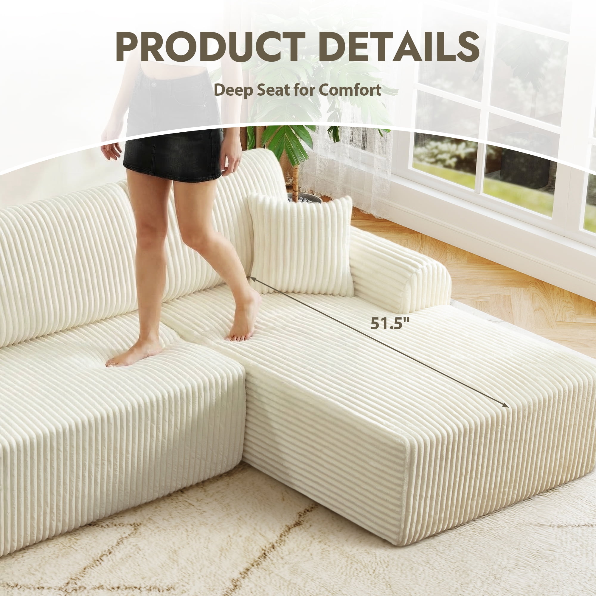 Aukfa 109" Modular Cloud Sectional Sofa with L-Shape Chaise, Corduroy Upholstered Deep Seat Couch, Right Facing Chaise, No Assembly Boneless Sofa for Living Room/Bedroom/Apartment, White