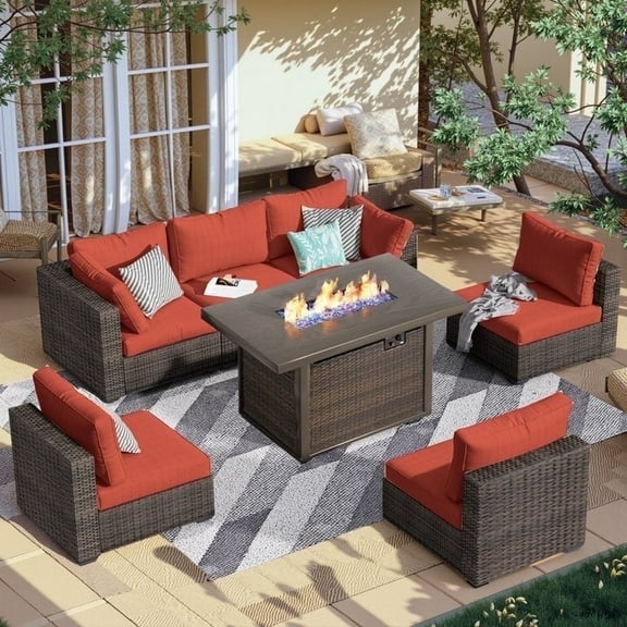 Gaildon 7 Piece Patio Furniture Set with Fire Pit Table, All Weather Outdoor Sectional PE Rattan, Patio Conversation Sets with Cushions for Garden Lawn Balcony Porch Deck, Red