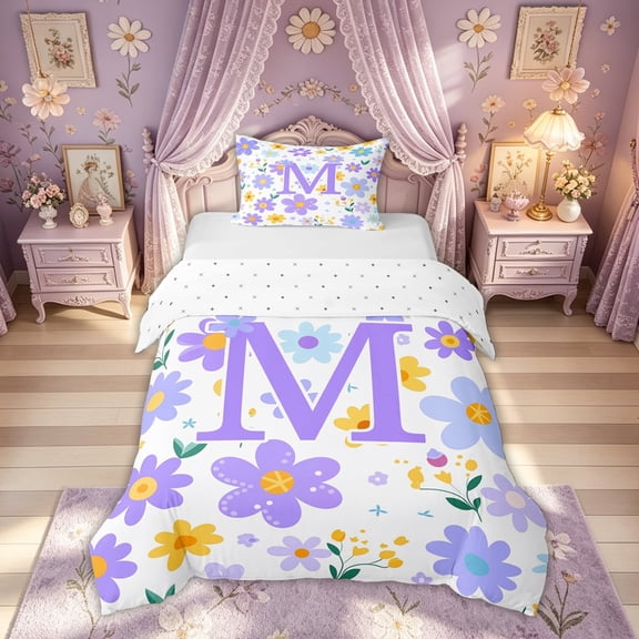 Meiyoeat Spring Daisy Floral Twin Bedding for Women Girls, Cute Initial M Letter Duvet Cover Set, Lavender Purple, Reversible, 1 Duvet Cover and 1 Pillowcase (No Comforter)
