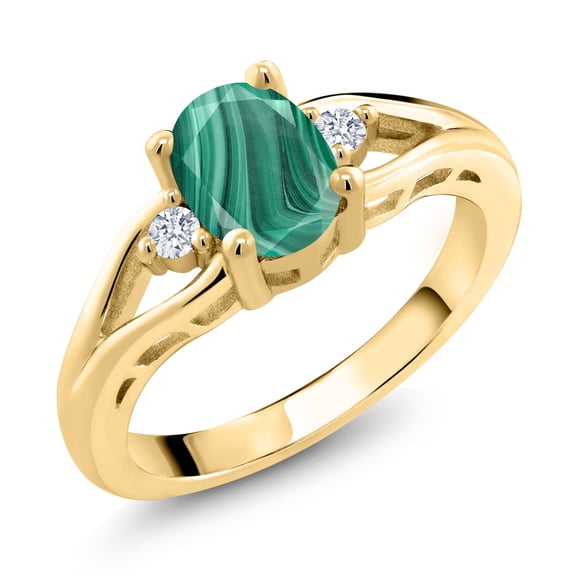 Gem Stone King 18K Yellow Gold Plated Silver Green Malachite 3 Stone Engagement Ring for Women | 2.06 Cttw | Oval 8X6MM | Round 2MM | Gemstone Birthstone | Size 6