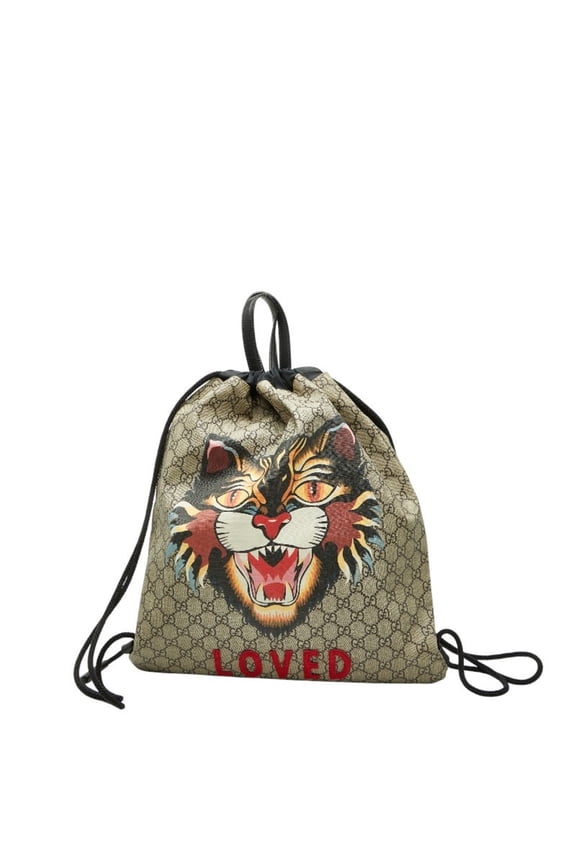 Pre-Owned Gucci GG Supreme Angry Cat Backpack 473872 Beige Black Nylon Women's GUCCI (Good)