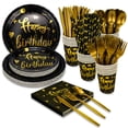 thumbnail image 1 of TabreMstr 200 Pieces Gold Disposable Party Dinnerware Set &Golden Dot Disposable Birthday Party Dinnerware - Black Paper Plates Napkins Cups, Gold Plastic Forks Knives Spoons, 1 of 7