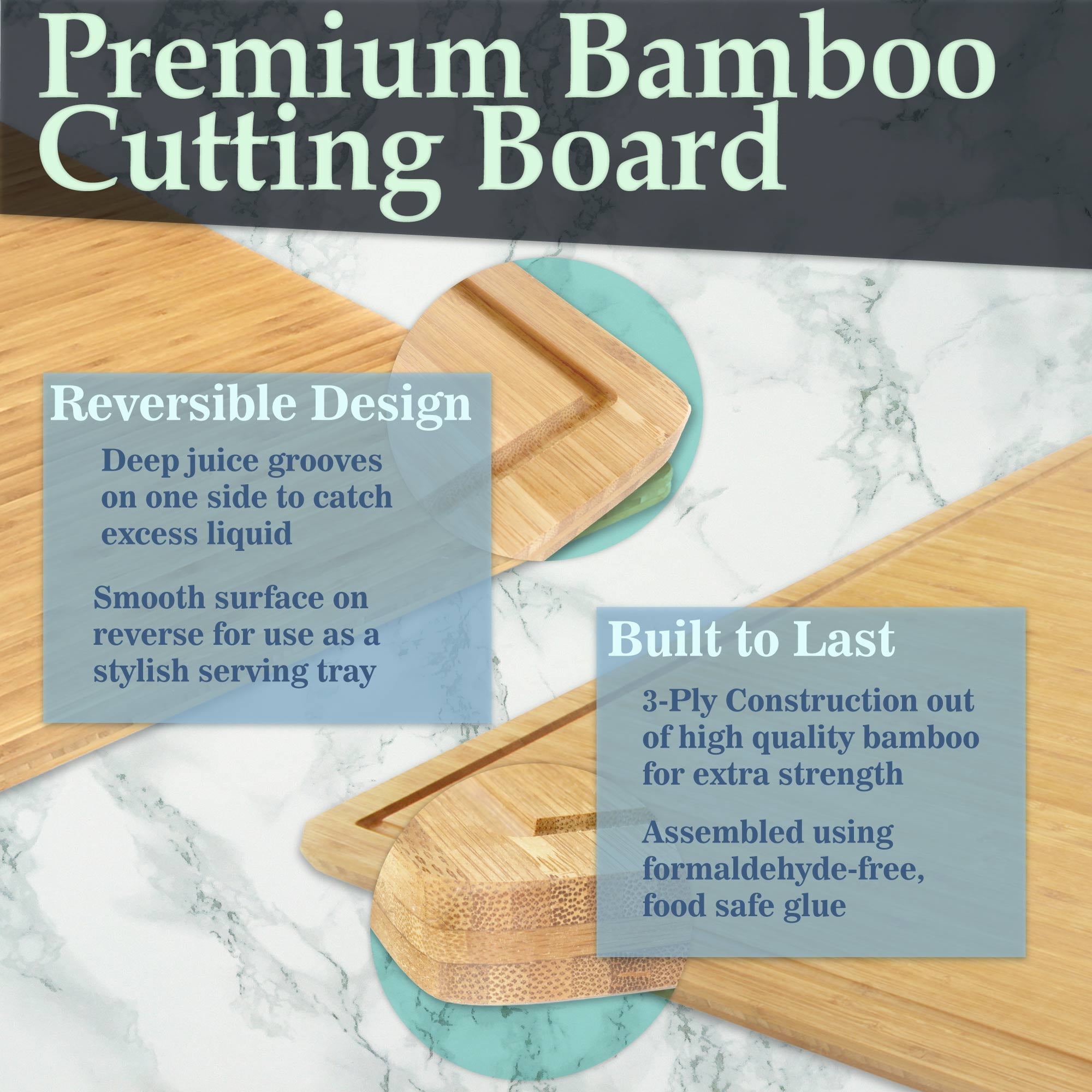 BambooMN Bamboo Burner Cover Cutting Board, 3-Ply, Extra Large, 30" x 24" x 0.75" - Grooved/Flat with Chef's Knife Combo