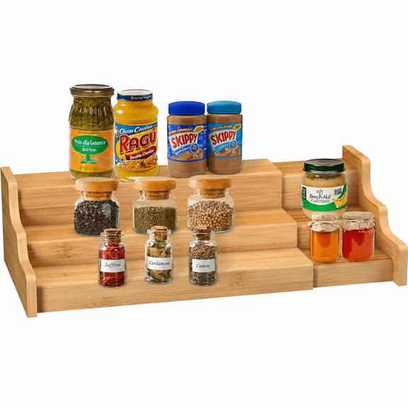XUET Spice Rack Kitchen Cabinet Organizer- 3 Tier Bamboo Expandable Display Shelf Yellow