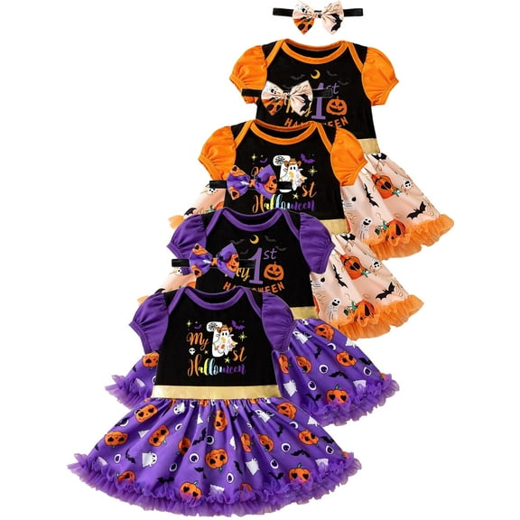 WIBACKER My 1st Halloween Infant Baby Girl Puff Sleeve Romper Dress, Newborn Pumpkin Onesie Bodysuit Dresses with Bow Headband