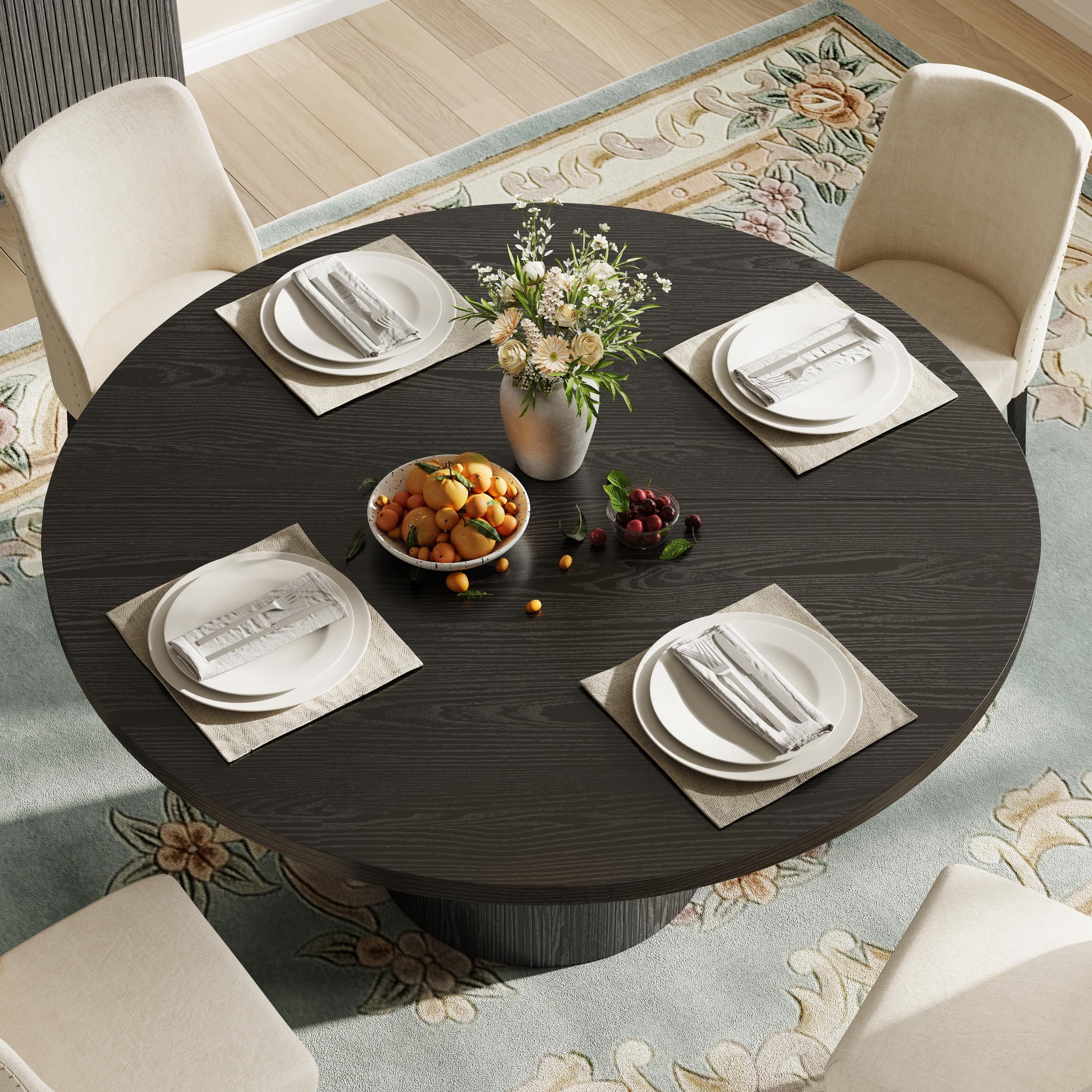 UHOMEPRO Round Dining Table, 47" Circle Kitchen Table for 4-6, Farmhouse Dining Room Table with Sturdy Wood Strip Base, Modern Dining Table for Dining Room Living Room, Black(Only Table)