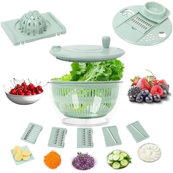Multi-Use Large Salad Spinner, 5.3 Qt Vegetables Fruits Wash Spinner Bowl,Lettuce Dryer with 5 Blades,Egg Yolk Strainer Slicer Shredder, Salad Bowl for Efficient Preparation-Green
