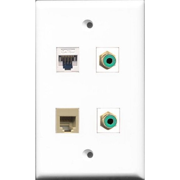 RiteAV - 2 Port RCA Green and 1 Port Phone RJ11 RJ12 Beige and 1 Port Cat5e Ethernet White Wall Plate
