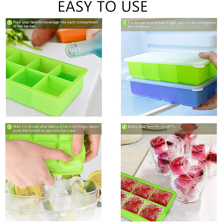 Iced Coffee Container for Fridge Rubber Tray Easy Release Silicone &  Flexible 8 Ice Cube Trays With For Freezer Stackable Ice Trays With Covers