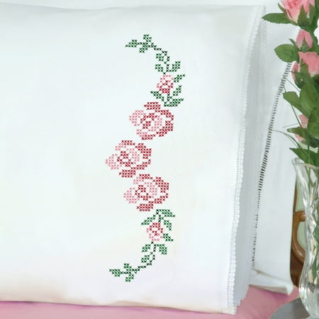 Jack Dempsey Stamped Pillowcases W/White Lace Edge 2/Pkg-XX Rose