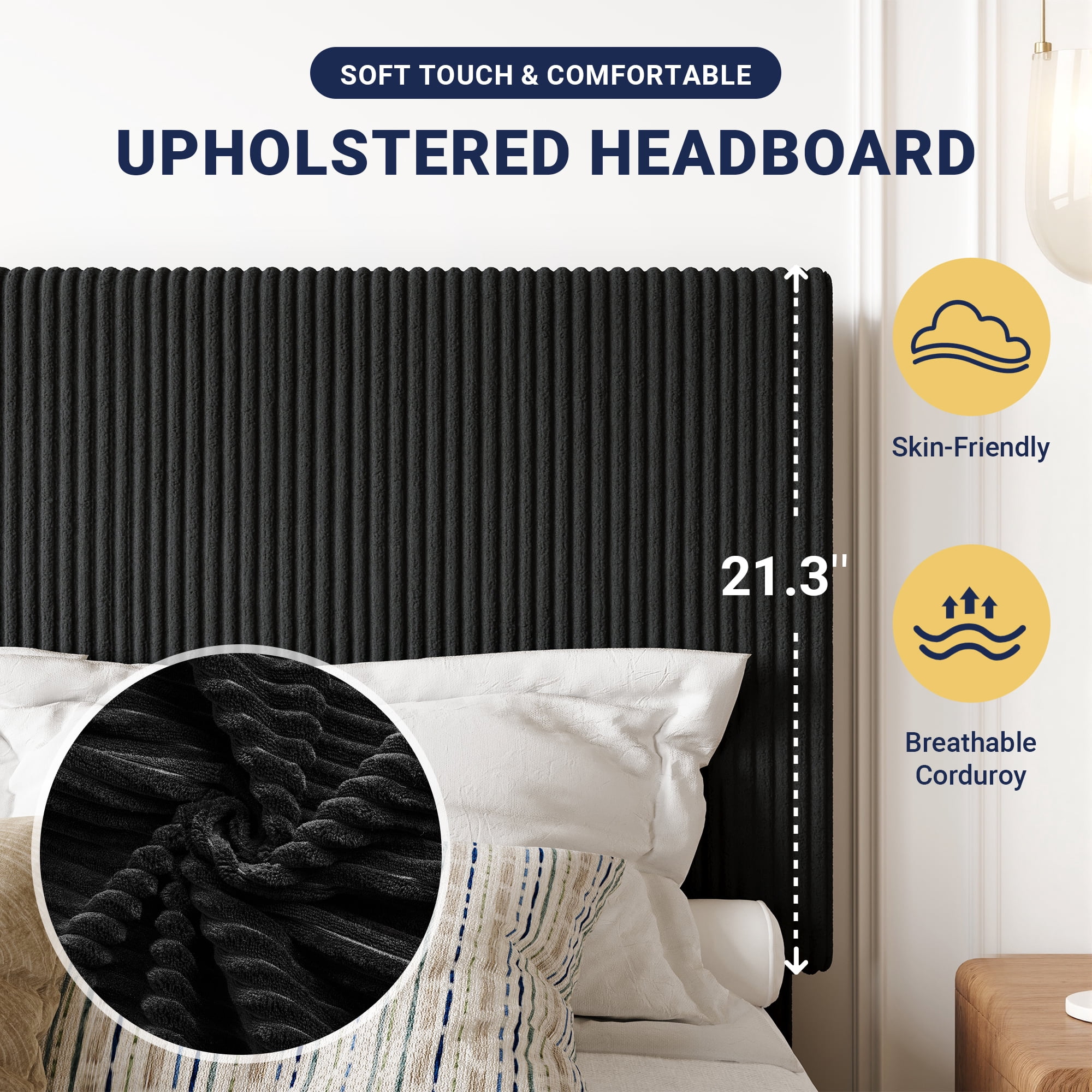 Allewie Full Bed Frame, Upholstered Platform Bed, Adjustable Vertical Channel Tufted Headboard, Corduroy Fabric, Modern Low Profile, Wooden Slats, No Box Spring Needed, Easy Assembly, Black
