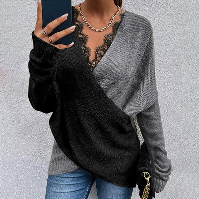 Qertyioot Femmes Mode en Vrac Colorblock Dentelle Croix Mode Casual Tops