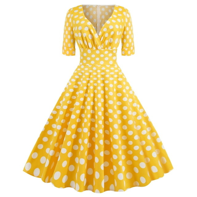 RKSTN Robes pour Femmes Style Rétro Robe Mi-Longue à Pois Col en V Manches Courtes Fermeture Éclair Arrière Robe Midi
