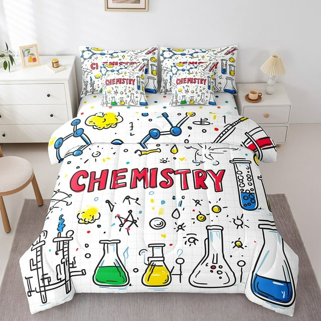 Chemistry 7 Piece Comforter Set Full Bed in a Bag,Chemical Equation Bedding Sets Science Educational Sheet Set with Comforter,Test Tube Microscope Chemical Equipment Bed Set