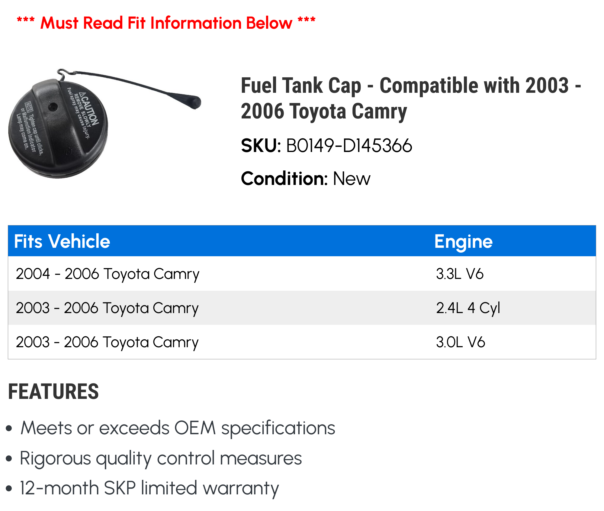 Fuel Tank Cap - Compatible with 2003 - 2006 Toyota Camry 2004 2005