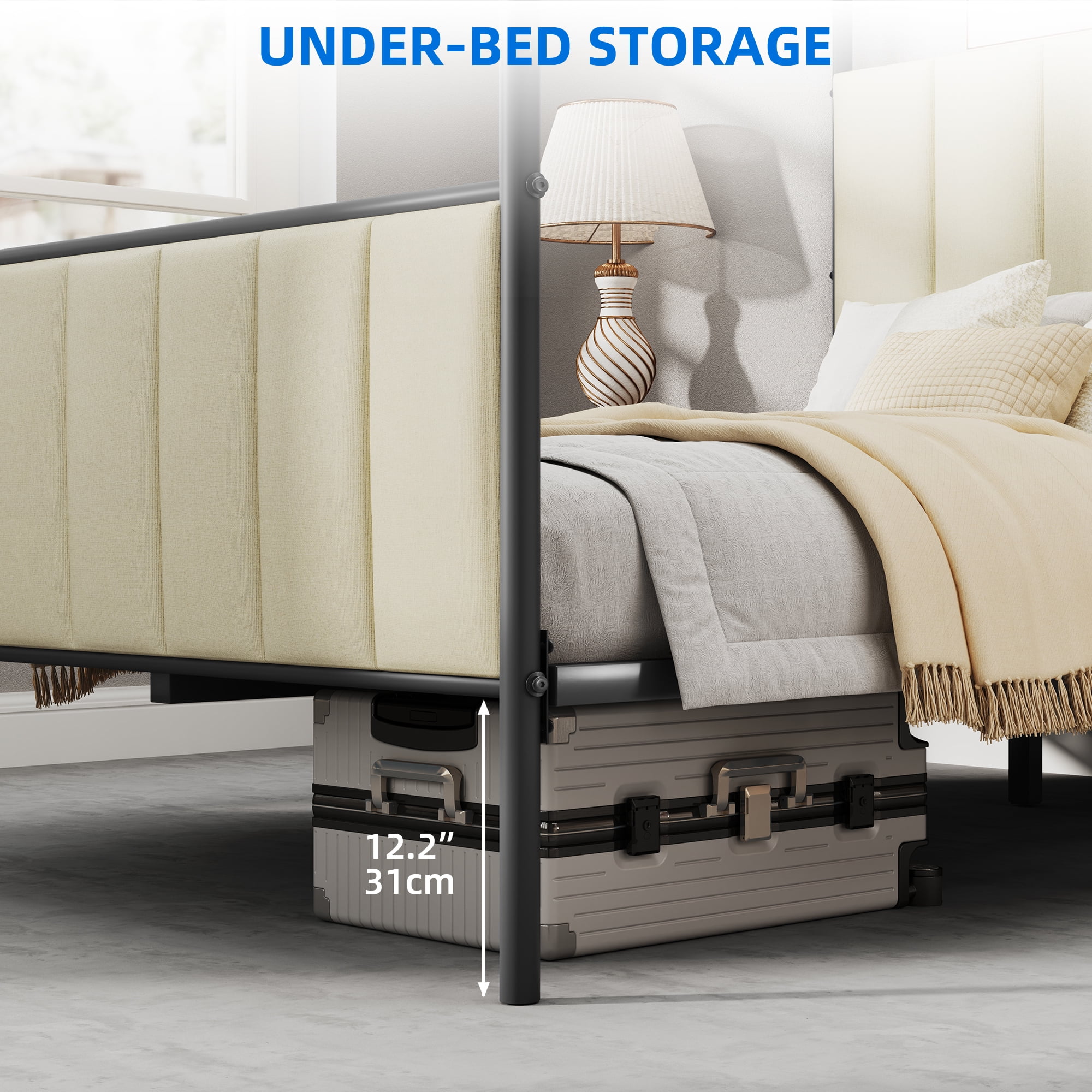 Dextrus-Queen Size Upholstered Metal Canopy Bed Frame, Strong Metal Slat Mattress Support, Beige