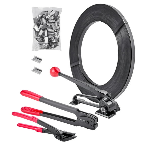 KFFKFF Steel Banding Strapping Kit Manual Tool Set CL‑GD180 Straps 3/4 in x 600 ft Silver 300 Seals Kit