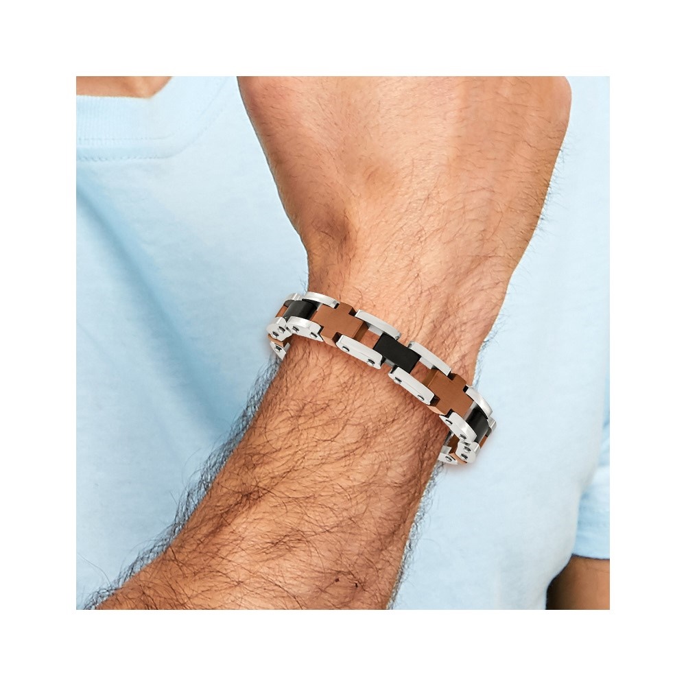 Diamond2Deal Stainless Steel Brushed and Polished Black and Brown IP-Plated Cross Link Bracelet for Men 8.75"