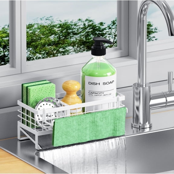 Kitchen Sink Sponge Holder, Rustproof Non-Slip Self-Draining Metal Sink Caddy with Detachable Dish Cloth Holder (white)