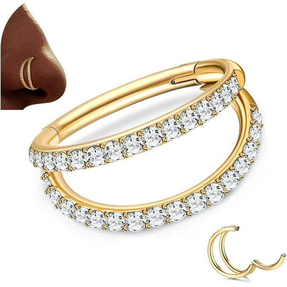 G23 Titanium Nose Rings Hoops 16G 18G Double Hoop Septum Click Nose Rings Lip Rook Lobe Tragus Helix Cartilage Daith Conch Earrings Clear CZ Paved Nose Piercing Jewelry for Women Men Gold,Double Laye