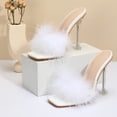 thumbnail image 2 of Women Feather Clear PVC Slippers Square Toe Stilettos Slides Transparent Crystal High Heels Sandals Mules Party Shoes Glass Heels, 2 of 3