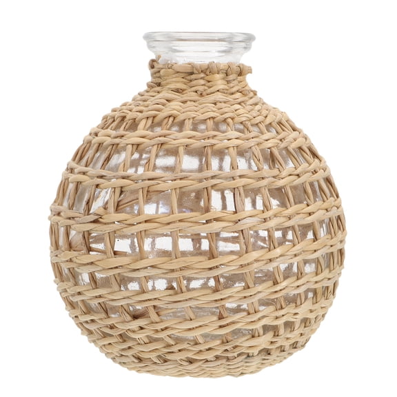 Rhewides Rustic Farmhouse Glass Vase with Woven Rattan Wrap - Decorative Bud Vase for Home, Office, and Tabletop Decor