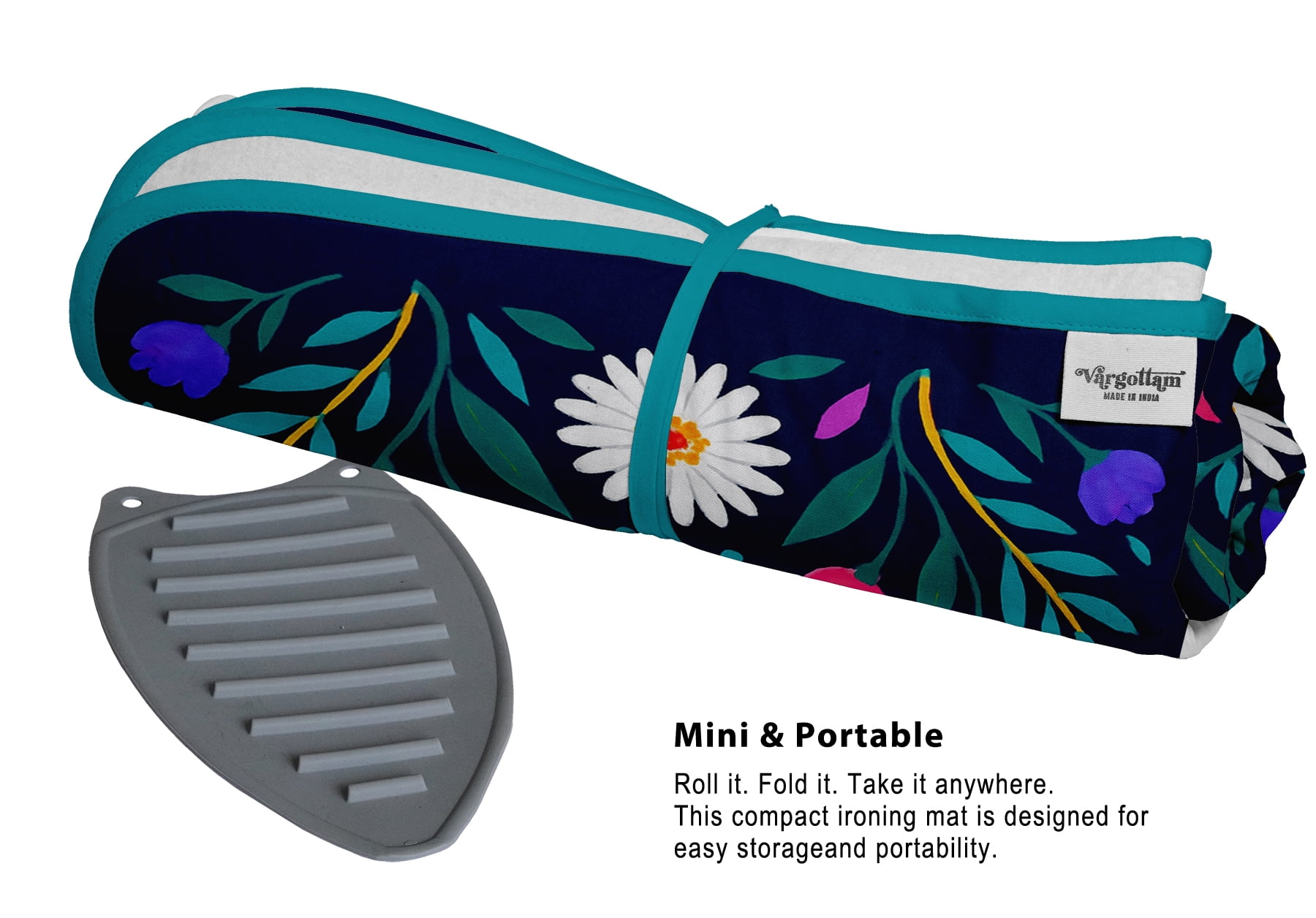 Vargottam Magnetic Ironing Mat - Foldable Cotton Iron Mat with Fiber Pad & Silicone Iron Rest - Portable, Washable, Travel-Friendly Ironing Board Alternative for Tabletop, Washer, Dryer - Floral