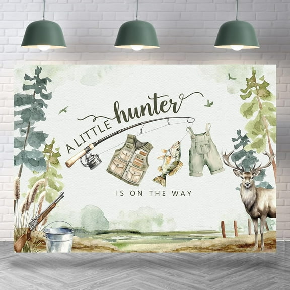 7x5FT Wild Baby Shower Backdrop Fishing A Little Hunter is On The Way Hunt Photography Background for Boy Newborn Baby Shower Party Decorations Banner Supplies Photo Booth Props