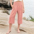 thumbnail image 2 of TEAJOPSUU 4-14Y Girls Cotton Linen Capri Pants Kids Summer Preppy Cropped Lounge Pants Loose Lightweight Smocked Elastic Waist Trousers with Pockets B-Pink, 2 of 7