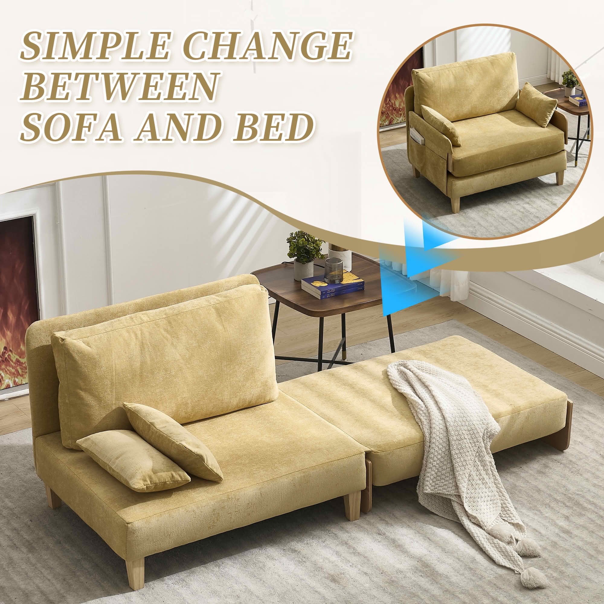 MAYEERTY Mid-Century 3-in-1 Sofa Bed, Foldable Convertible Sleeper Couch with Pillows for Small Bedroom & Apartment