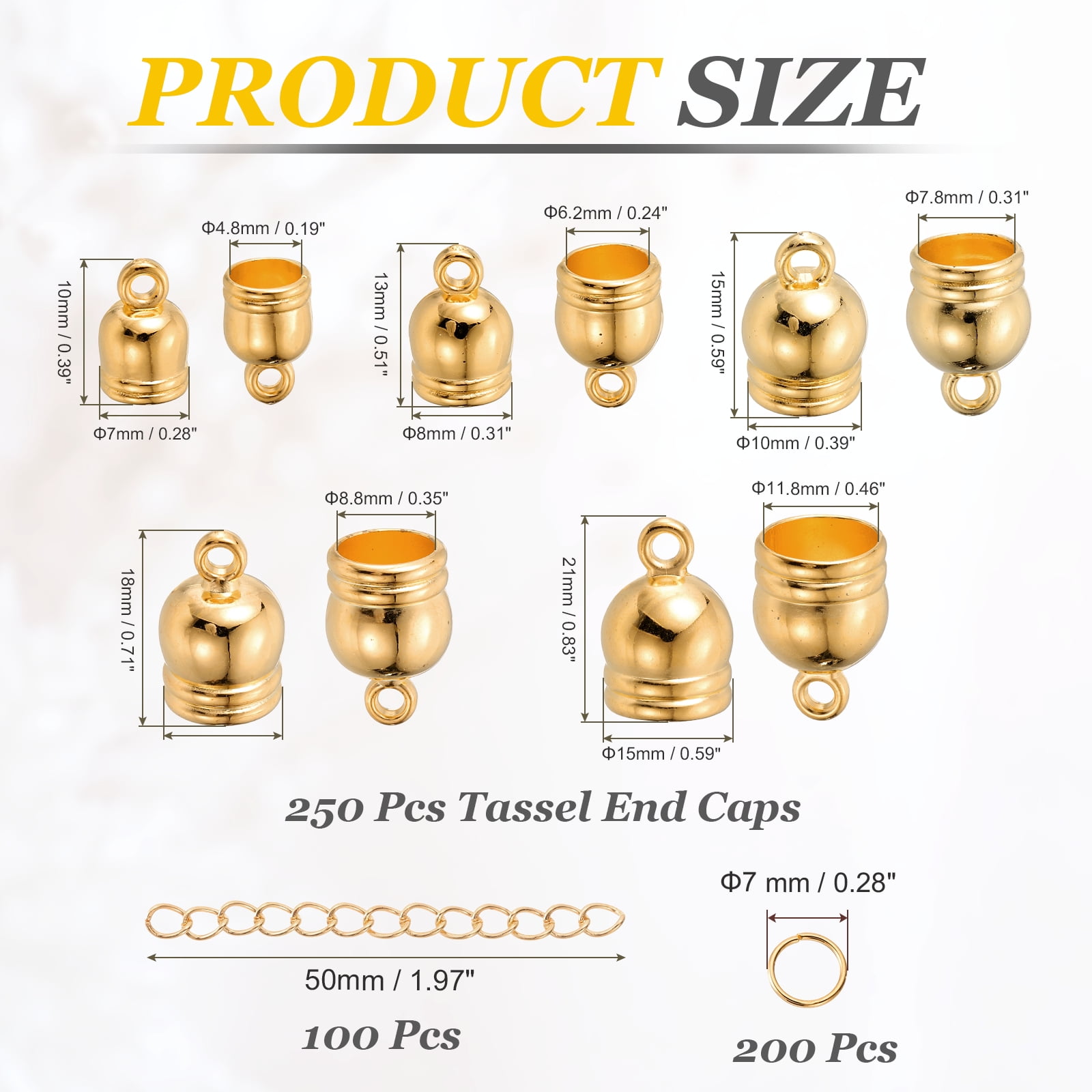 Uxcell 550Pcs Leather Cord End Caps, 4.8 to 11.8mm ID Tassel Barrel End Caps with Extender Chains and Jump Rings for Jewelry Making Findings DIY Bracelet Necklace, Bright Gold Tone
