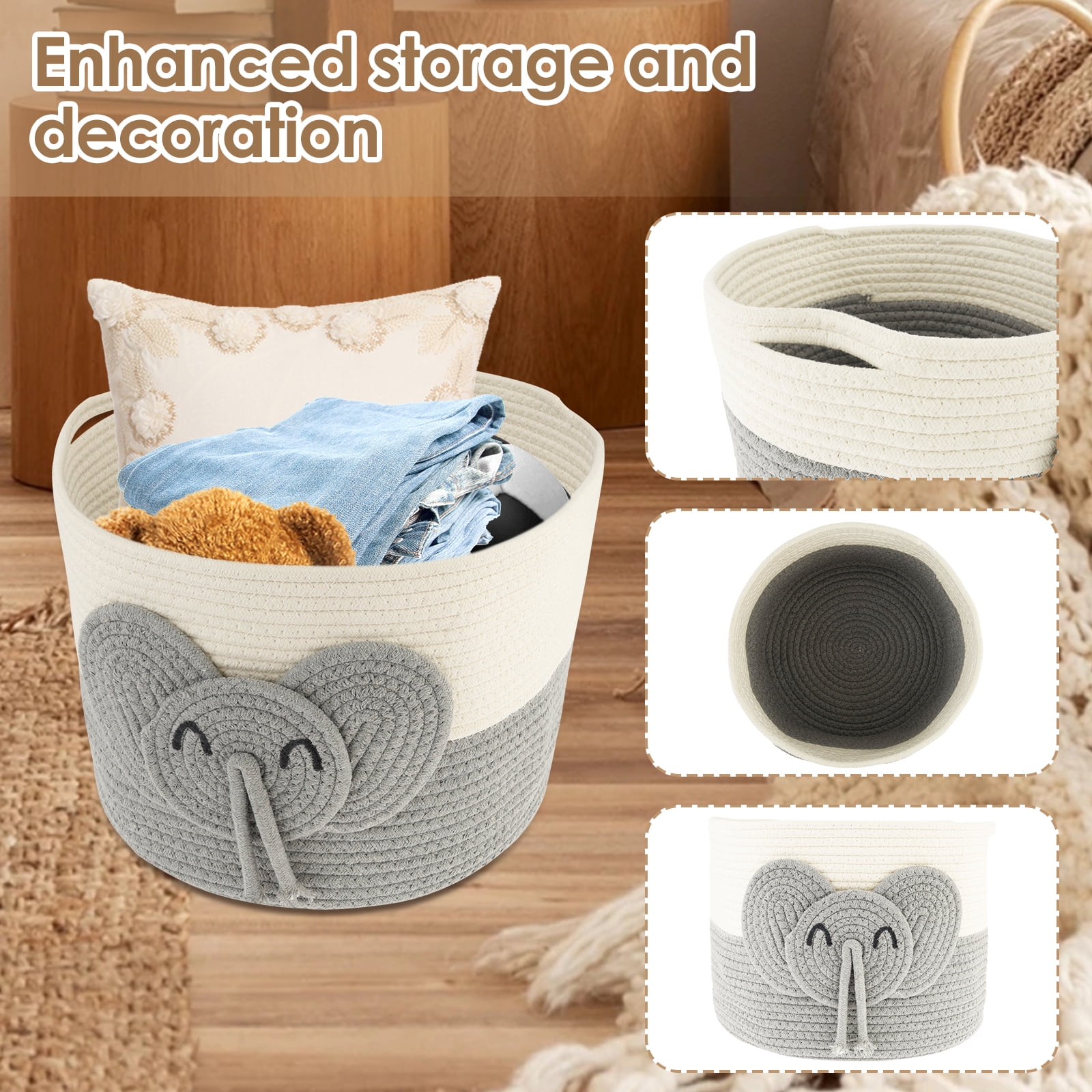 AEVXKHI Cute Laundry Basket Hamper, Versatile Toy Storage Basket, Elephants Cotton Rope Basket, Safe Cotton Rope Basket Soft Toy Storage Woven Baskets