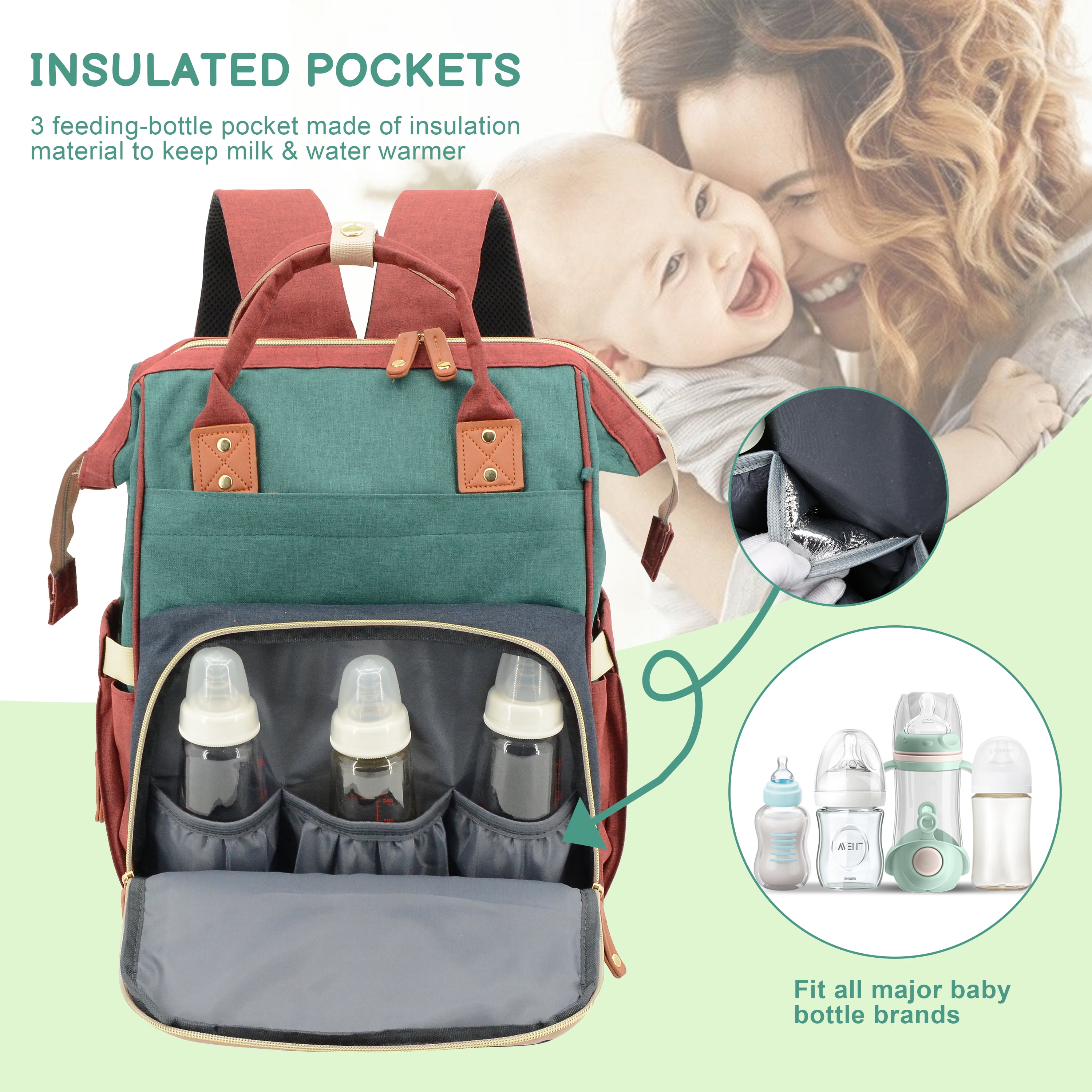 DERSTUEWE Baby Diaper Bag Backpack, Diaper Bag for Dad Mom , Insulated Milk Bottle Pockets, Pacifier Case, Large Diaper Bag for Travel (Colorful)